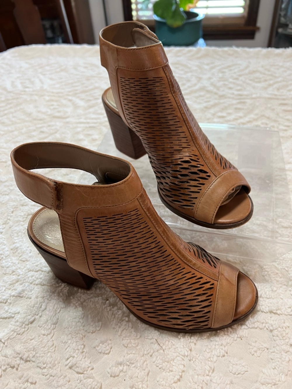 Vince Camuto Tan Perforated Peep-Toe Block Heel Sandals